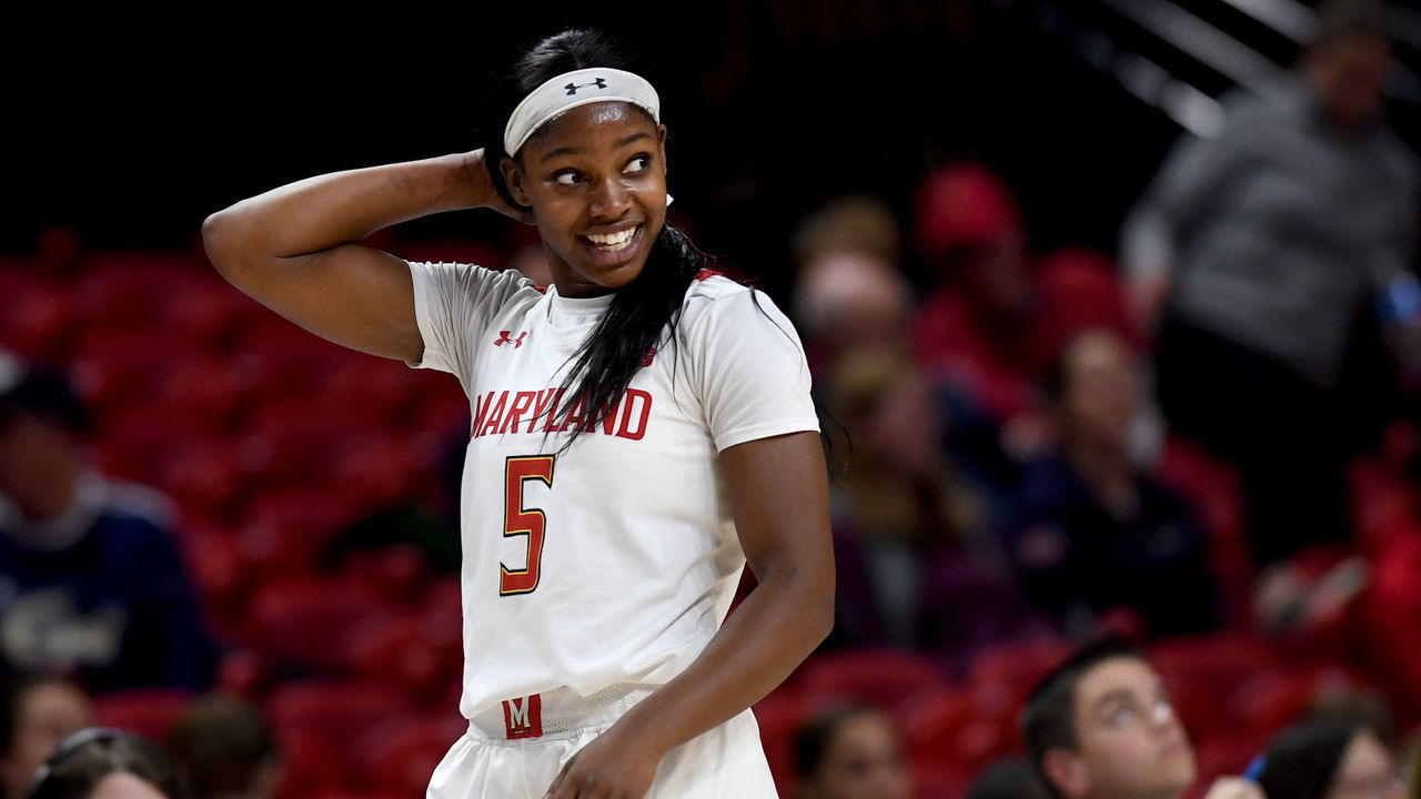 COLLEGE PARK, MD -NOVEMBER 20: Maryland Terrapins guard Kaila Charles (5) smiles as she leaves the court in the game against the George Washington Colonials in the second half at Xfinity Center November 20, 2019 in College Park, MD. The Maryland Terrapins crushed the George Washington Colonials 88-54.