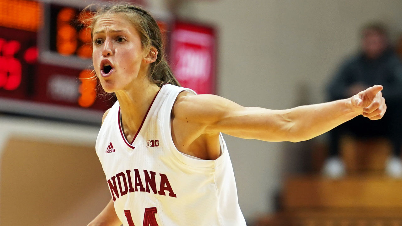 BLOOMINGTON, UNITED STATES - 2019/11/07: Indiana Hoosiers Ali Patberg (14) plays against Mt. St. Mary's during the NCAA Women's College Basketball game at Simon Skjodt Assembly Hall in Bloomington. (Final Score; Indiana University 75:52 Mt. St. Mary's).