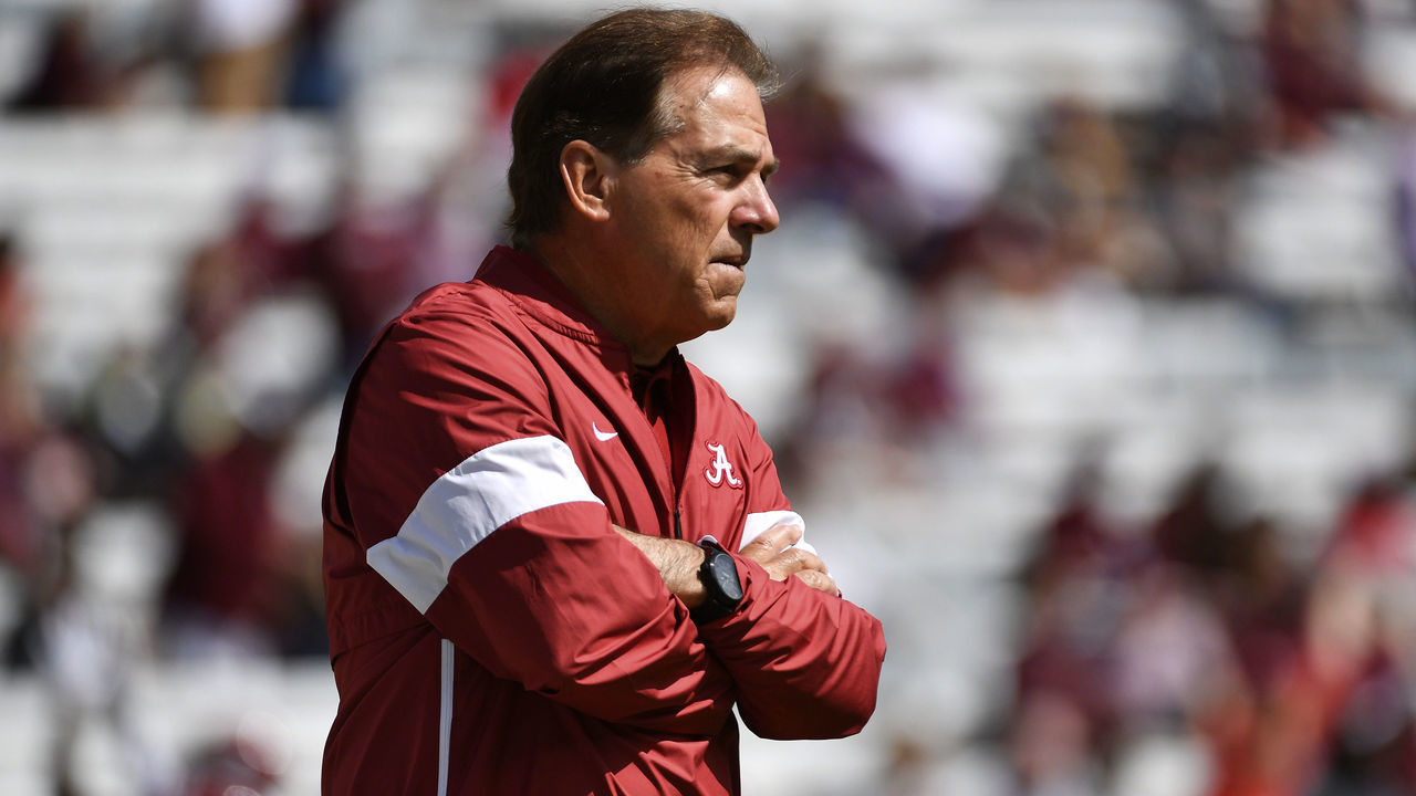 COLLEGE STATION, TEXAS - OCTOBER 12: Head coach Nick Saban of the Alabama Crimson Tide stands on the field prior to the game against Texas A&M Aggies at Kyle Field on October 12, 2019 in College Station, Texas.