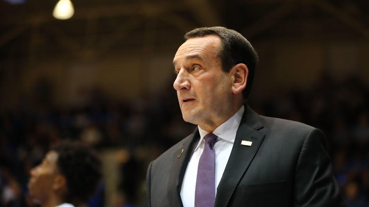 DURHAM, NC - NOVEMBER 26: Duke Blue Devils head coach Mike Krzyzewski during the 1st half of the Duke Blue Devils game versus the Stephen F Austin Lumberjacks on November 26th, 2019 at Cameron Indoor Stadium in Durham, NC.