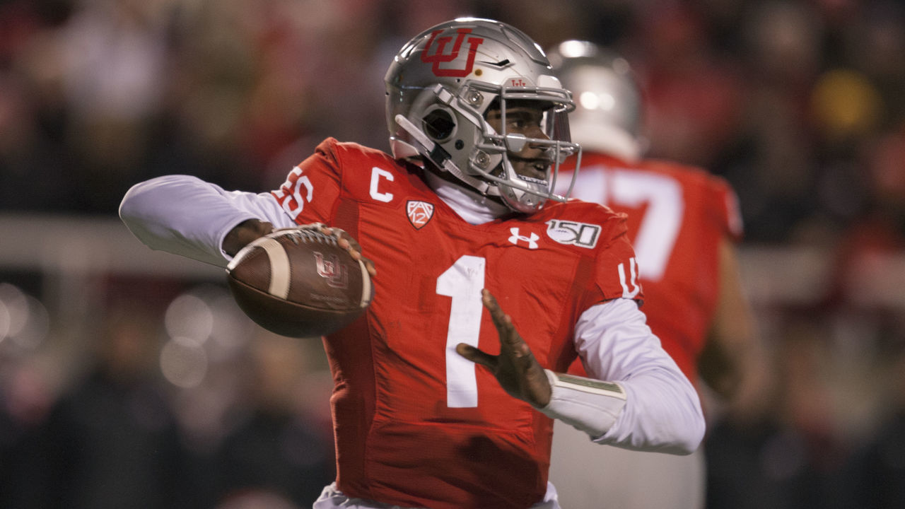SALT LAKE CITY, UT - NOVEMBER 30: Tyler Huntley #1 of the Utah Utes sets to throw a pass against the Colorado Buffaloes during the first half at Rice-Eccles Stadium on November 30, 2019 in Salt Lake City, Utah.