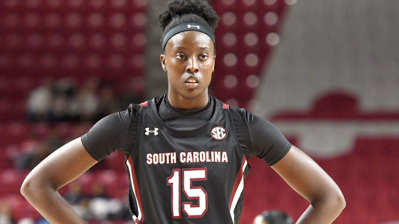 COLLEGE PARK, MD - NOVEMBER 10: Laeticia Amihere #15 of the South Carolina Gamecocks looks on during a women's basketball game against the against the Maryland Terrapins at the Xfinity Center on November 10, 2019 in College Park, Maryland.