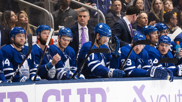 TORONTO, ON - NOVEMBER 30:Toronto Maple Leafs Head Coach Sheldon Keefe is pictured on the bench during the second period against the Buffalo Sabres at the Scotiabank Arena on November 30, 2019 in Toronto, Ontario, Canada.