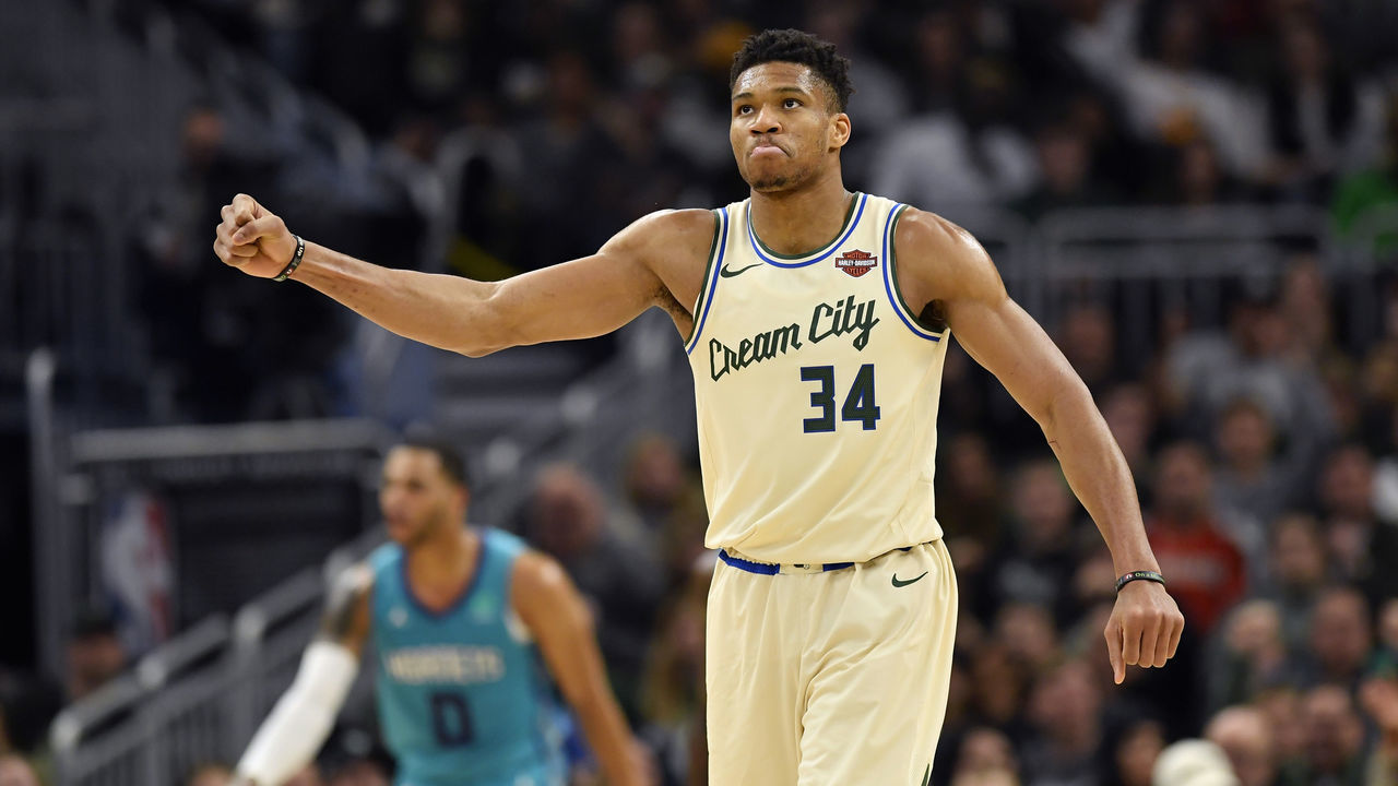 MILWAUKEE, WISCONSIN - NOVEMBER 30: Giannis Antetokounmpo #34 of the Milwaukee Bucks reacts after scoring in the second half against the Charlotte Hornets at Fiserv Forum on November 30, 2019 in Milwaukee, Wisconsin.