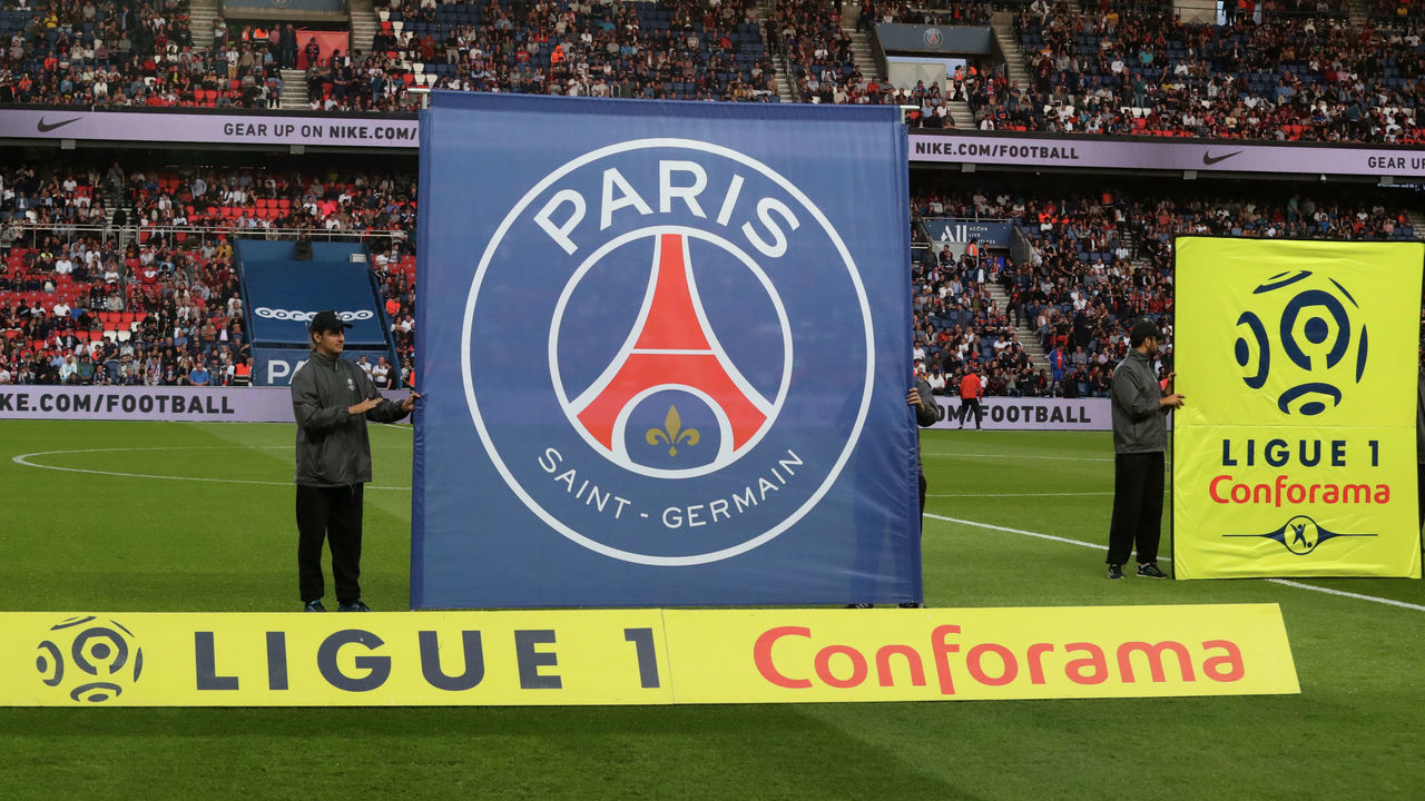 PARIS, FRANCE - AUGUST 11: illustration of Ligue 1 conforama flag during the Ligue 1 match between Paris Saint-Germain (PSG) and Nimes Olympique at Parc des Princes on August 11, 2019 in Paris, France.