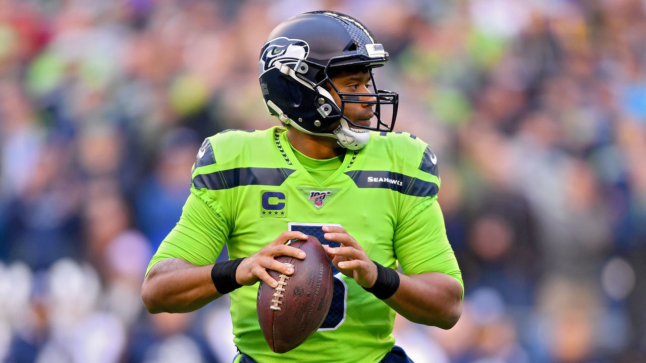 SEATTLE, WASHINGTON - OCTOBER 03: Russell Wilson #3 of the Seattle Seahawks looks to pass the ball during the game against the Los Angeles Rams at CenturyLink Field on October 03, 2019 in Seattle, Washington.