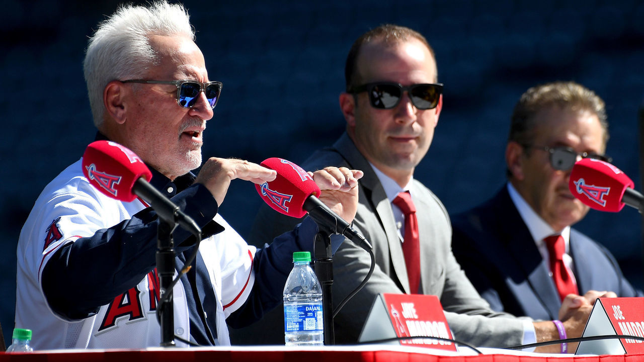ANAHEIM, CA - OCTOBER 24: General manager Billy Eppler and Owner Artie Morena look on as Joe Madden speaks to the media during a press conference where he was introduced today as the new manager of the Los Angeles Angels during a press conference at Angel Stadium of Anaheim on October 24, 2019 in Anaheim, California.