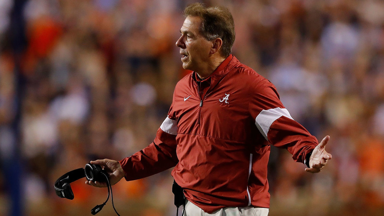 AUBURN, ALABAMA - NOVEMBER 30: Head coach Nick Saban of the Alabama Crimson Tide reacts during the game against the Auburn Tigers at Jordan Hare Stadium on November 30, 2019 in Auburn, Alabama.