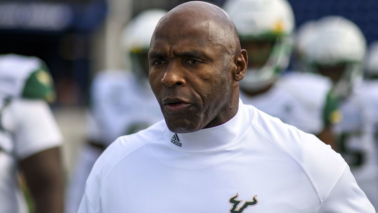 ANNAPOLIS, MD - OCTOBER 19: South Florida Bulls head coach Charlie Strong walks out with his team to start the game against the Navy Midshipmen on October 19, 2019, at Navy - Marine Corps Memorial Stadium in Annapolis, MD.