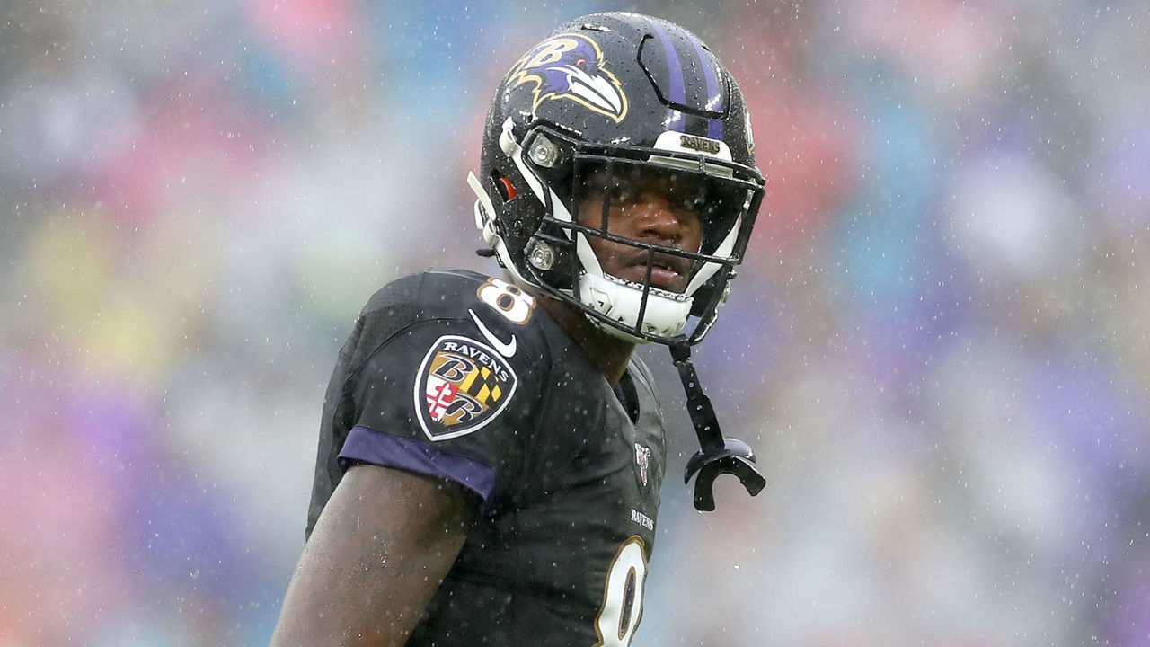BALTIMORE, MARYLAND - DECEMBER 01: Quarterback Lamar Jackson #8 of the Baltimore Ravens looks on against the San Francisco 49ers in the first half at M&T Bank Stadium on December 01, 2019 in Baltimore, Maryland.