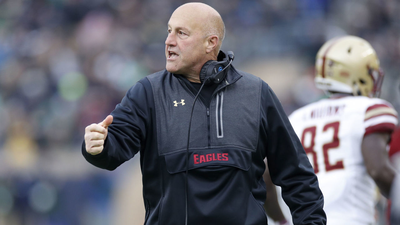 SOUTH BEND, IN - NOVEMBER 23: Head coach Steve Addazio of the Boston College Eagles reacts in the second quarter against the Notre Dame Fighting Irish at Notre Dame Stadium on November 23, 2019 in South Bend, Indiana.