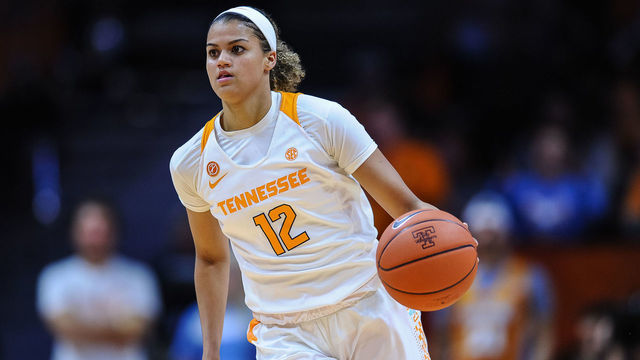KNOXVILLE, TN - NOVEMBER 19: Tennessee Lady Vols guard Rae Burrell (12) brings the ball up court during a college basketball game between the Tennessee Lady Vols and Stetson Hatters on November 19, 2019, at Thompson-Boling Arena in Knoxville, TN.