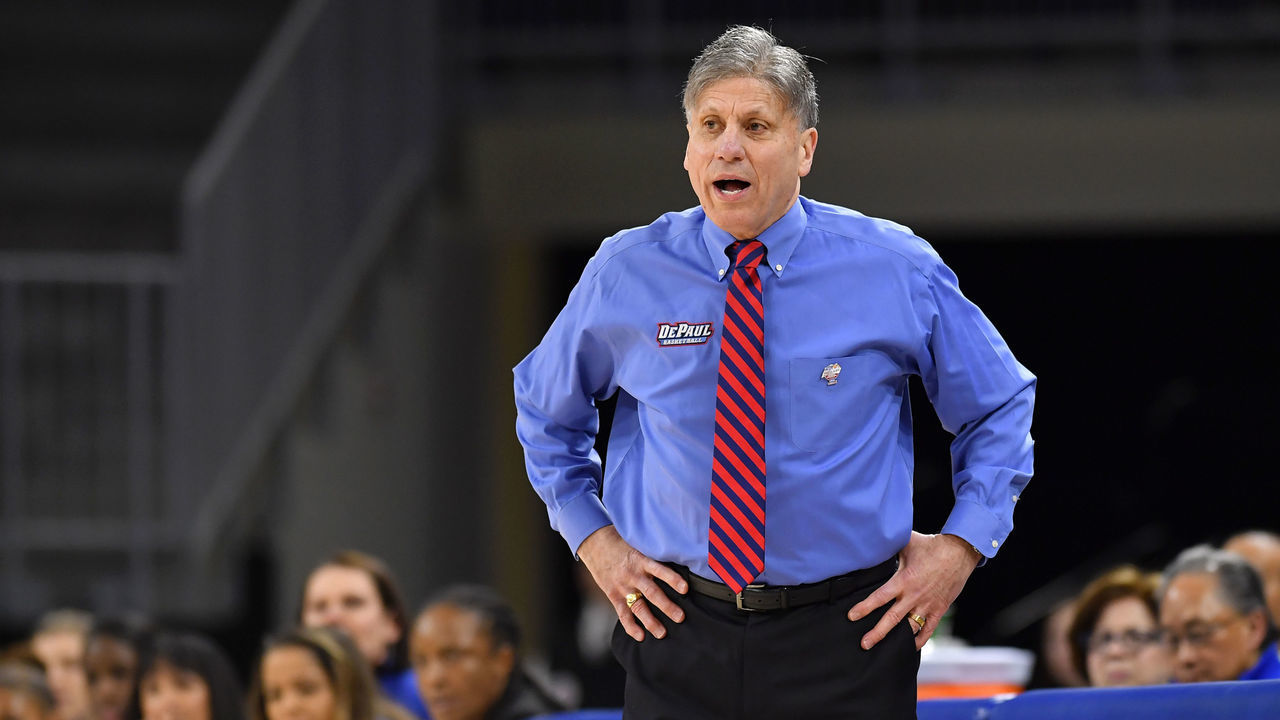 CHICAGO, IL - MARCH 06: DePaul Blue Demons head coach Doug Bruno reacts during the game against the Marquette Golden Eagles on March 6, 2018 at the Wintrust Arena in Chicago, Illinois.