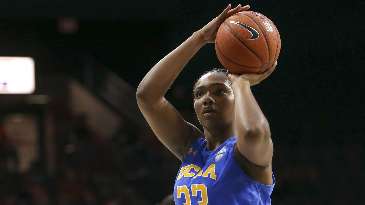 TUCSON, AZ - JANUARY 27: UCLA Bruins forward Lauryn Miller (33) shoots a free throw during a college women's basketball game between the UCLA Bruins and the Arizona Wildcats on January 27, 2019, at McKale Center in Tucson, AZ.