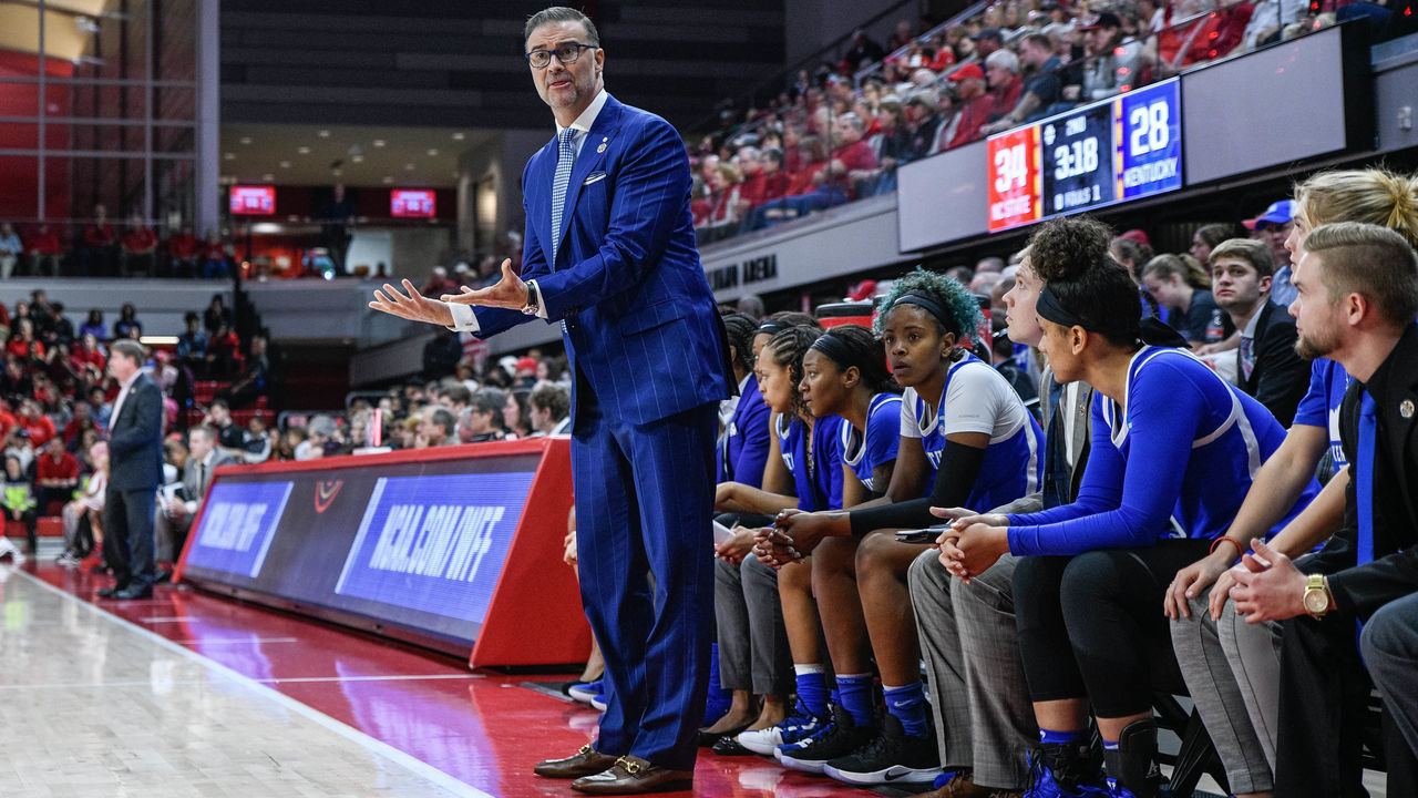 RALEIGH, NC - MARCH 25: Kentucky Wildcats head coach Matthew Mitchell during the 2019 Div 1 Championship - Second Round college basketball game between the Kentucky Wildcats and the NC State Wolfpack on March 25, 2019 at Reynolds Coliseum in Raleigh, NC.