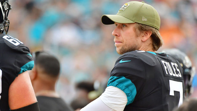 JACKSONVILLE, FLORIDA - DECEMBER 01: Nick Foles #7 of the Jacksonville Jaguars looks on during the third quarter of a football game against the Tampa Bay Buccaneers at TIAA Bank Field on December 01, 2019 in Jacksonville, Florida.