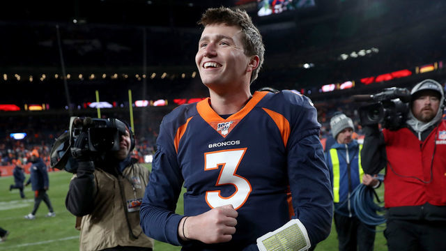 DENVER, COLORADO - DECEMBER 01: Quarterback Drew Lock #3 of the Denver Broncos celebrates as he leaves the field after their win against the Los Angeles Chargers at Empower Field at Mile High on December 01, 2019 in Denver, Colorado.