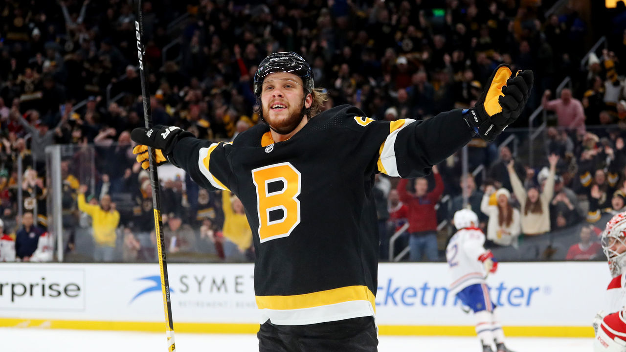 BOSTON, MASSACHUSETTS - DECEMBER 01: David Pastrnak #88 of the Boston Bruins celebrates after scoring a goal against the Montreal Canadiens during the third period at TD Garden on December 01, 2019 in Boston, Massachusetts. The Bruins defeat the Canadiens 3-1.