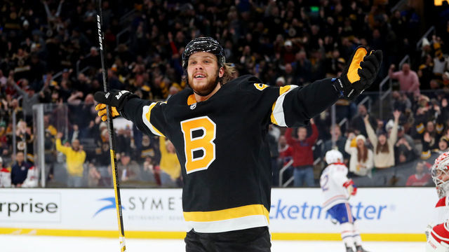 BOSTON, MASSACHUSETTS - DECEMBER 01: David Pastrnak #88 of the Boston Bruins celebrates after scoring a goal against the Montreal Canadiens during the third period at TD Garden on December 01, 2019 in Boston, Massachusetts. The Bruins defeat the Canadiens 3-1.