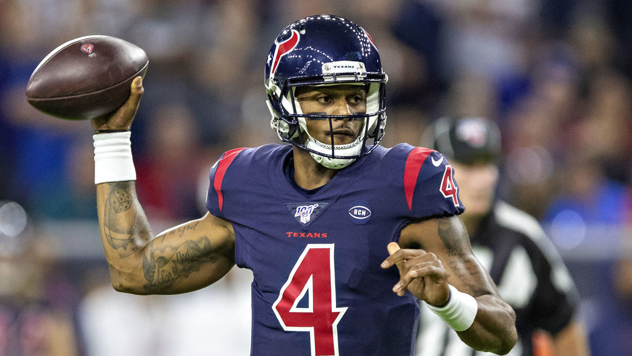 HOUSTON, TX - DECEMBER 1: Deshaun Watson #4 of the Houston Texans throws a pass during the first half of a game against the New England Patriots at NRG Stadium on December 1, 2019 in Houston, Texas.