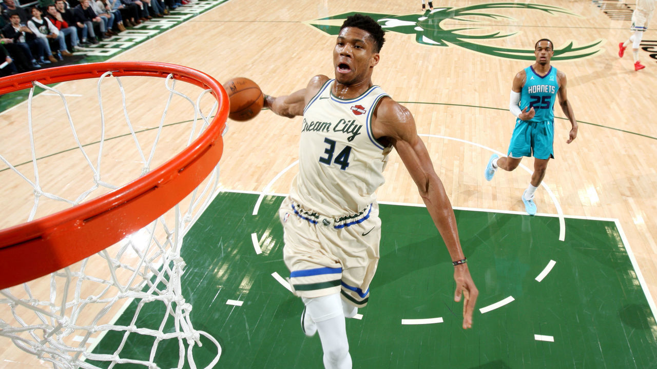 MILWAUKEE, WI - NOVEMBER 30: Giannis Antetokounmpo #34 of the Milwaukee Bucks dunks the ball during a game against the Charlotte Hornets on November 30, 2019 at the Fiserv Forum Center in Milwaukee, Wisconsin. Mandatory Copyright Notice: Copyright 2019 NBAE .