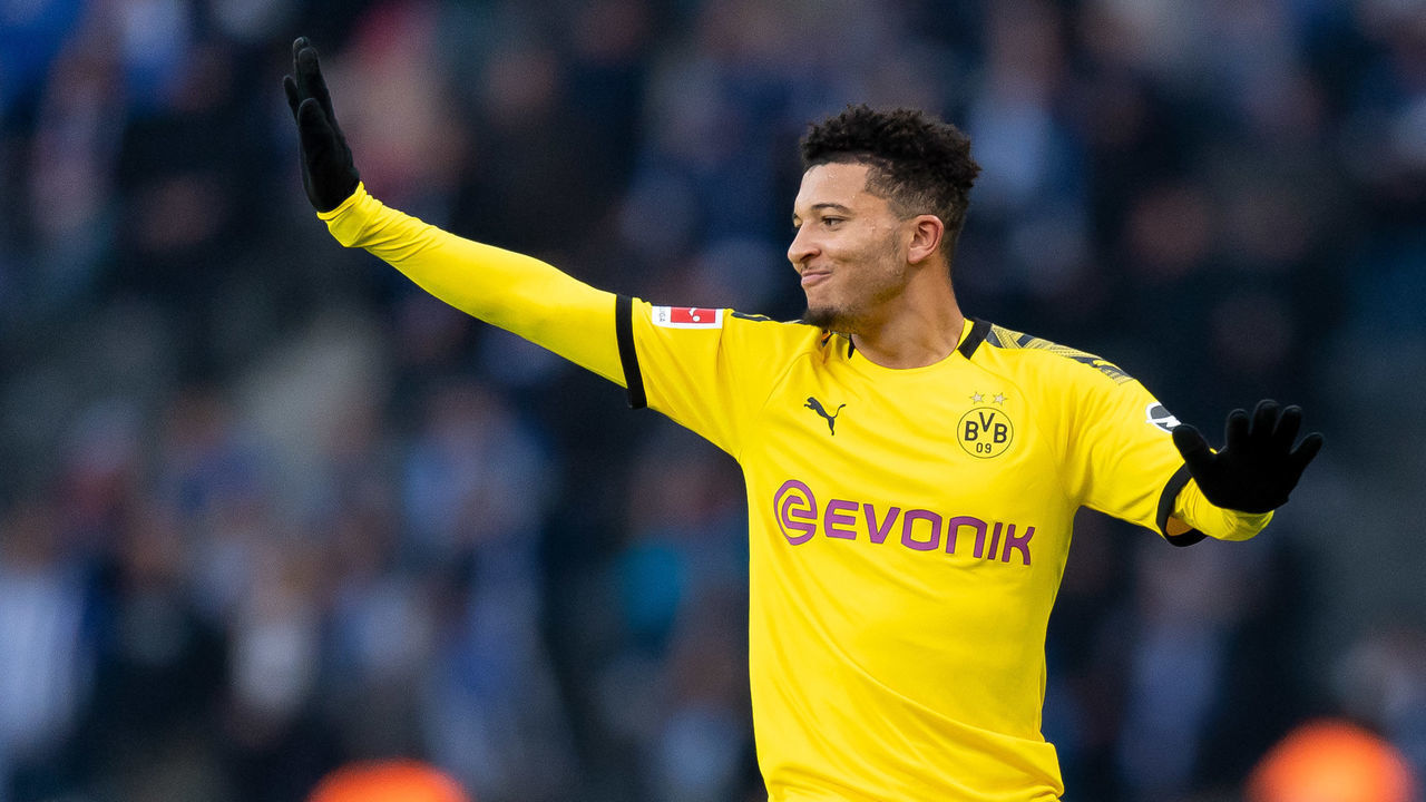 BERLIN, GERMANY - NOVEMBER 30: Jadon Sancho of Borussia Dortmund gestures during the Bundesliga match between Hertha BSC and Borussia Dortmund at Olympiastadion on November 30, 2019 in Berlin, Germany.