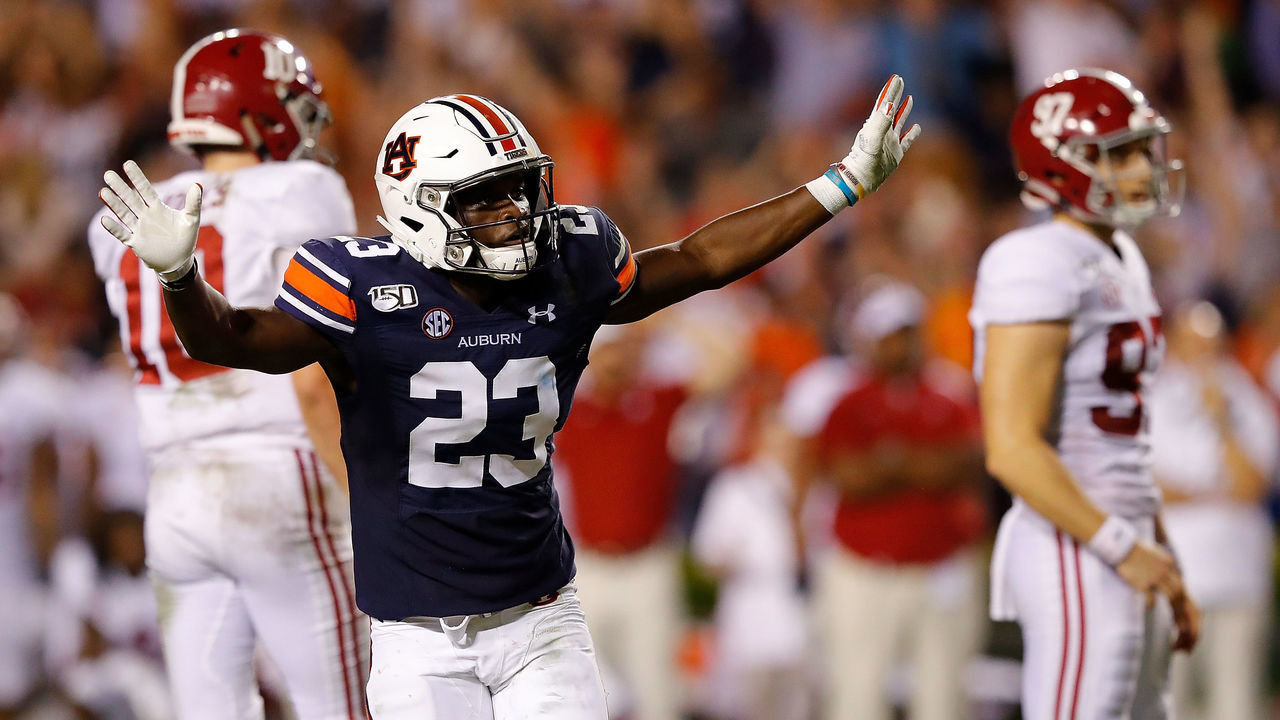 AUBURN, ALABAMA - NOVEMBER 30: Jarez Parks #23 of the Auburn Tigers reacts after the game-tying field goal was missed by Joseph Bulovas #97 of the Alabama Crimson Tide in the final seconds of their 48-45 win at Jordan Hare Stadium on November 30, 2019 in Auburn, Alabama.