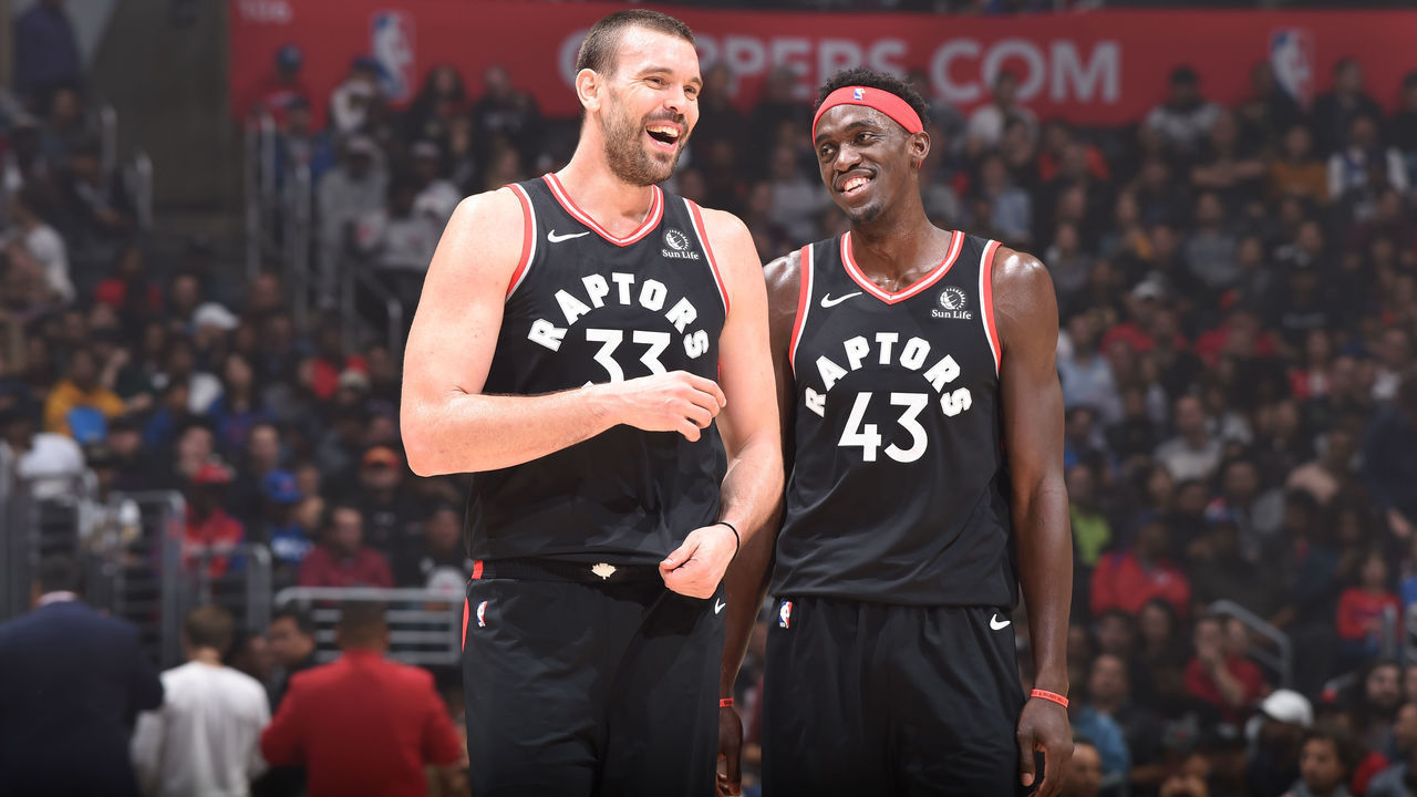 LOS ANGELES, CA - NOVEMBER 11: Marc Gasol #33 of the Toronto Raptors and Pascal Siakam #43 of the Toronto Raptors seen on court during the game against the LA Clippers on November 11, 2019 at STAPLES Center in Los Angeles, California. NOTE TO USER: User expressly acknowledges and agrees that, by downloading and/or using this Photograph, user is consenting to the terms and conditions of the Getty Images License Agreement. Mandatory Copyright Notice: Copyright 2019 NBAE
