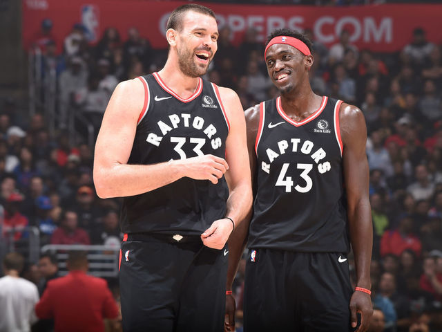 LOS ANGELES, CA - NOVEMBER 11: Marc Gasol #33 of the Toronto Raptors and Pascal Siakam #43 of the Toronto Raptors seen on court during the game against the LA Clippers on November 11, 2019 at STAPLES Center in Los Angeles, California. NOTE TO USER: User expressly acknowledges and agrees that, by downloading and/or using this Photograph, user is consenting to the terms and conditions of the Getty Images License Agreement. Mandatory Copyright Notice: Copyright 2019 NBAE