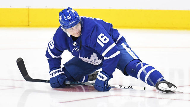 TORONTO, ON - NOVEMBER 09: Toronto Maple Leafs Right Wing Mitchell Marner (16) in warmups prior to the regular season NHL game between the Philadelphia Flyers and Toronto Maple Leafs on November 9, 2019 at Scotiabank Arena in Toronto, ON.
