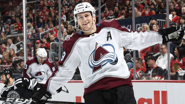 CHICAGO, IL - NOVEMBER 29: Nathan MacKinnon #29 of the Colorado Avalanche reacts after the Avalanche scores against the Chicago Blackhawks in the second period at the United Center on November 29, 2019 in Chicago, Illinois.