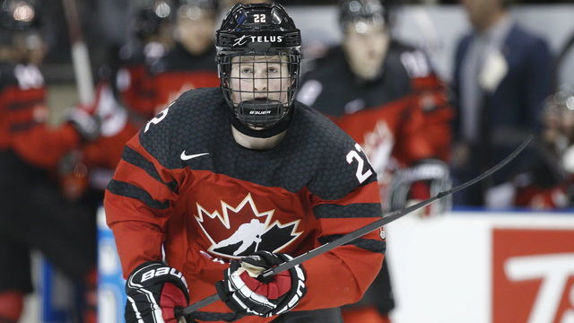 VICTORIA , BC - DECEMBER 21: Alexis Lafreniere #22 of Team Canada skates versus Team Slovakia at the IIHF World Junior Championships at the Save-on-Foods Memorial Centre on December 21, 2018 in Victoria, British Columbia, Canada.