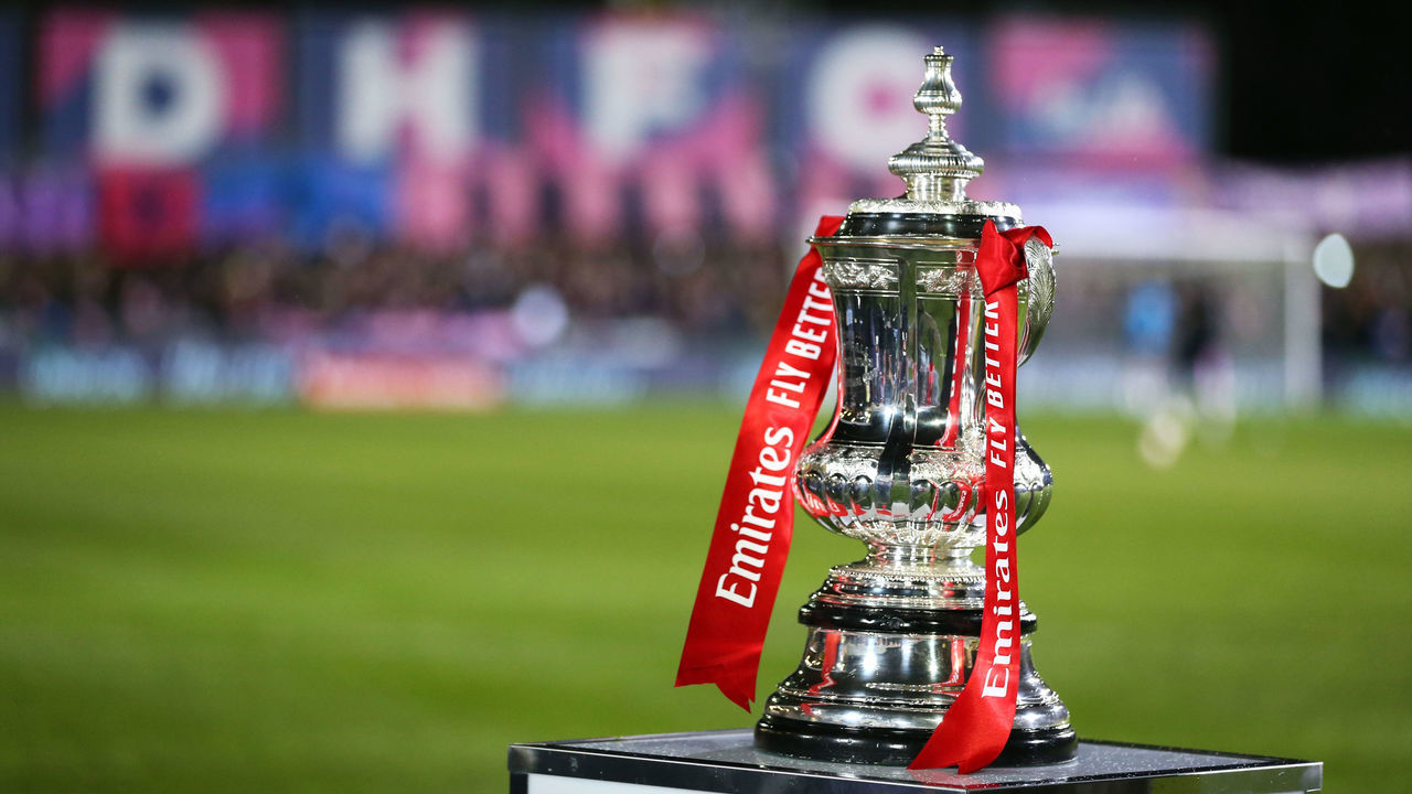 A general view of the FA Cup trophy before the FA Cup First Round match at Champion Hill, London.