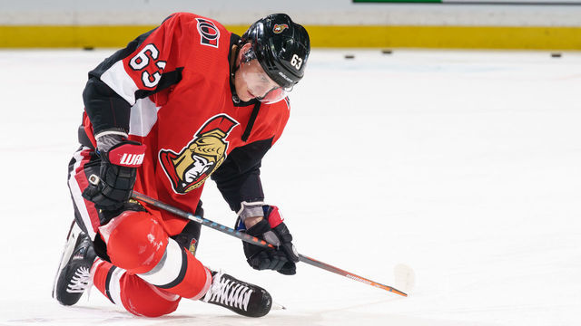 OTTAWA, ON - NOVEMBER 27: Tyler Ennis #63 of the Ottawa Senators stretches during warmups prior to a game against the Boston Bruins at Canadian Tire Centre on November 27, 2019 in Ottawa, Ontario, Canada.