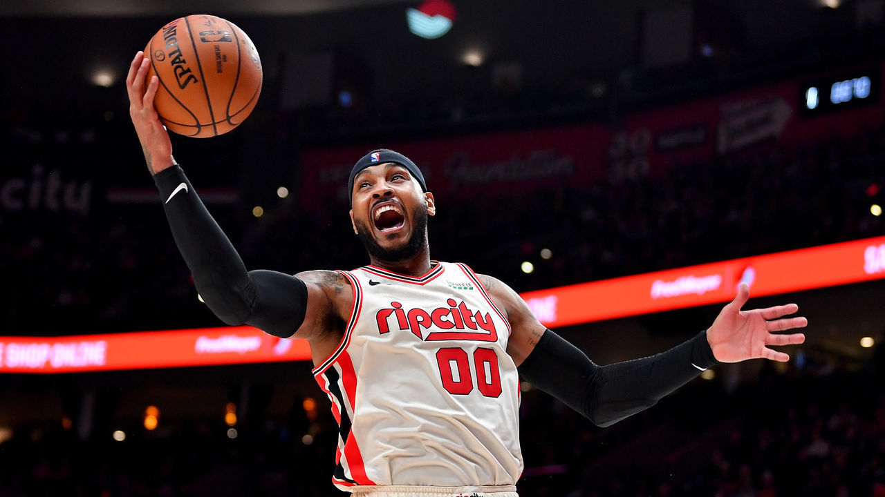 PORTLAND, OREGON - NOVEMBER 29: Carmelo Anthony #00 of the Portland Trail Blazers grabs a rebound during the second half of the game against the Chicago Bulls at the Moda Center on November 29, 2019 in Portland, Oregon. The Trail Blazers won 107-103.