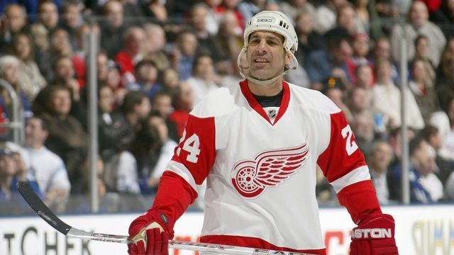 TORONTO - FEBRUARY 9: Chris Chelios #24 of the Detroit Red Wings looks on against the Toronto Maple Leafs during their NHL game at the Air Canada Centre February 9, 2008 in Toronto, Ontario.