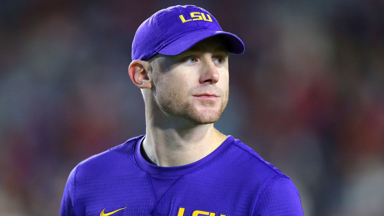 OXFORD, MISSISSIPPI - NOVEMBER 16: Passing coordinator Joe Brady of the LSU Tigers reacts during a game against the Mississippi Rebels at Vaught-Hemingway Stadium on November 16, 2019 in Oxford, Mississippi.
