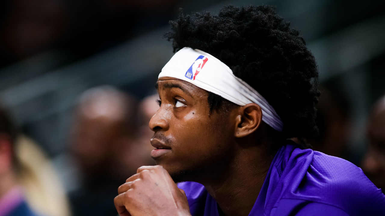 ATLANTA, GA - NOVEMBER 8: De'Aaron Fox #5 of the Sacramento Kings looks on during a game against the Atlanta Hawks at State Farm Arena on November 8, 2019 in Atlanta, Georgia.