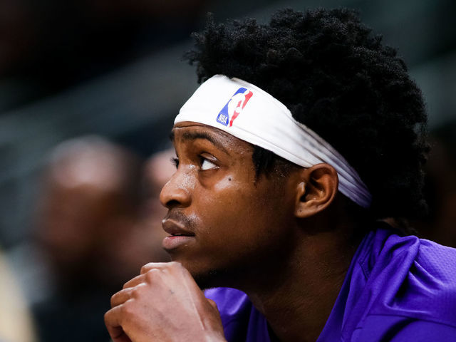 ATLANTA, GA - NOVEMBER 8: De'Aaron Fox #5 of the Sacramento Kings looks on during a game against the Atlanta Hawks at State Farm Arena on November 8, 2019 in Atlanta, Georgia.
