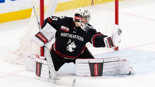 BOSTON, MA - FEBRUARY 4: Cayden Primeau #31 of the Northeastern Huskies makes a save against the Boston University Terriers during NCAA hockey in the semifinals of the annual Beanpot Hockey Tournament at TD Garden on February 4, 2019 in Boston, Massachusetts. The Huskies won 2-1 in overtime.