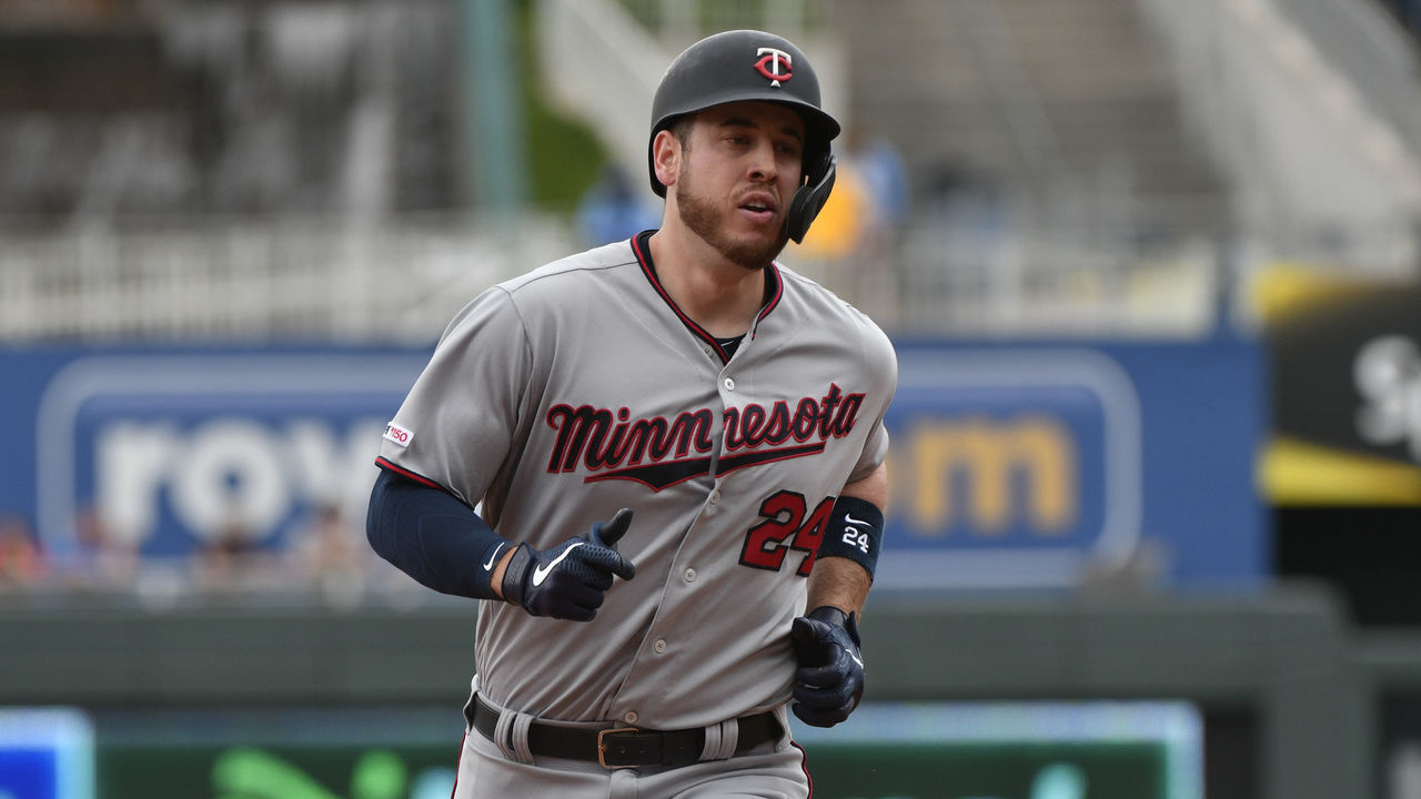 KANSAS CITY, MO - SEPTEMBER 29: C.J. Cron #24 of the Minnesota Twins runs the bases after hitting a home run against the Kansas City Royals at Kauffman Stadium on September 29, 2019 in Kansas City, Missouri.