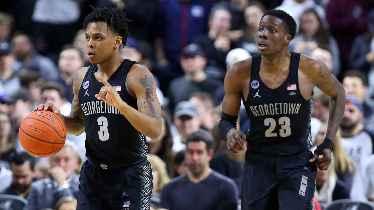 PROVIDENCE, RI - FEBRUARY 06: Georgetown Hoyas guard James Akinjo (3) and Georgetown Hoyas forward Josh LeBlanc (23) during a college basketball game between Georgetown Hoyas and Providence Friars on February 6, 2019, at the Dunkin Donuts Center in Providence, RI.