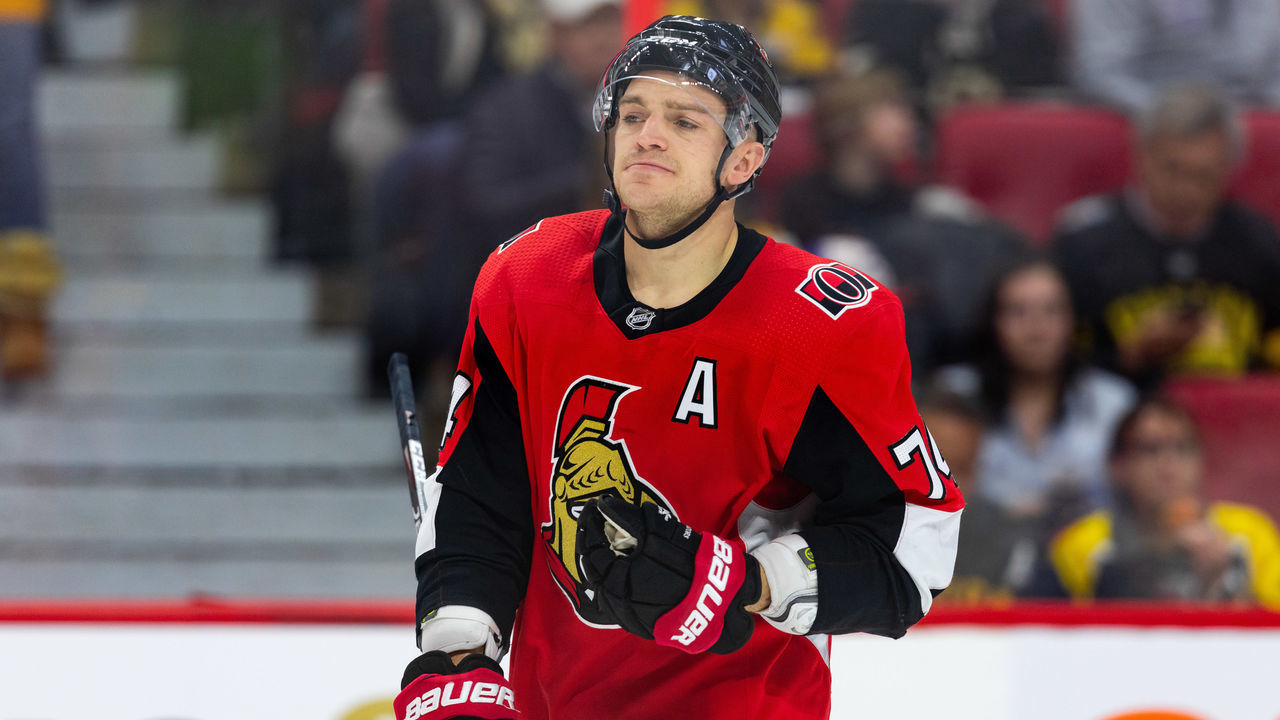 OTTAWA, ON - NOVEMBER 27: Ottawa Senators Defenceman Mark Borowiecki (74) waits for play to resume during third period National Hockey League action between the Boston Bruins and Ottawa Senators on November 27, 2019, at Canadian Tire Centre in Ottawa, ON, Canada.