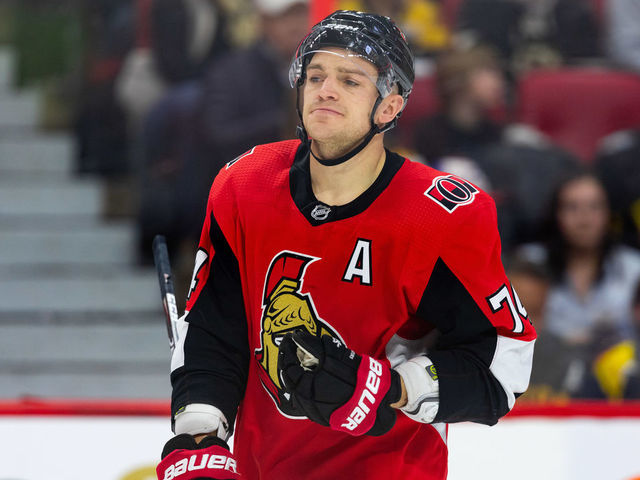 OTTAWA, ON - NOVEMBER 27: Ottawa Senators Defenceman Mark Borowiecki (74) waits for play to resume during third period National Hockey League action between the Boston Bruins and Ottawa Senators on November 27, 2019, at Canadian Tire Centre in Ottawa, ON, Canada.