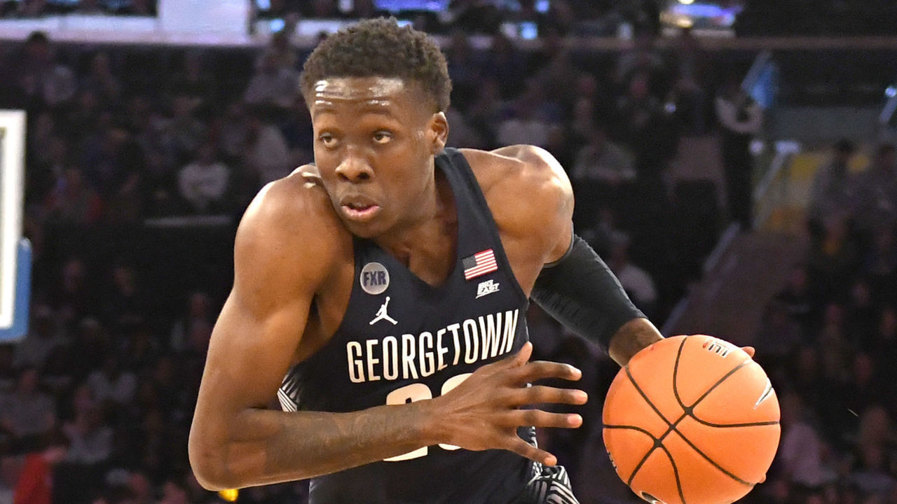 NEW YORK, NY - MARCH 14: Josh LeBlanc #23 of the Georgetown Hoyas dribbles the ball during the Big East Conference basketball Quarterfinal game against the Seton Hall Pirates at Madison Square Garden March 14, 2019 in New York City.
