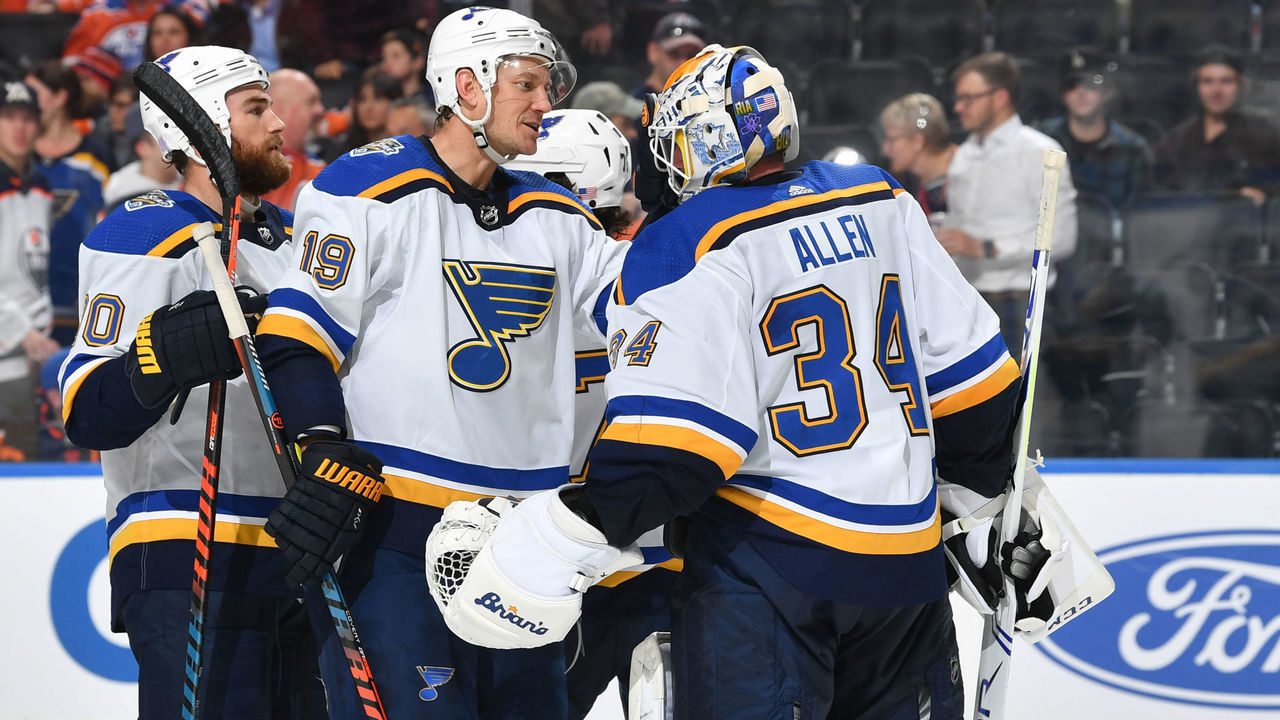 EDMONTON, AB - NOVEMBER 6: Jay Bouwmeester #19 and Jake Allen #34 of the St. Louis Blues celebrate after winning the game against the Edmonton Oilers on November 6, 2019, at Rogers Place in Edmonton, Alberta, Canada.