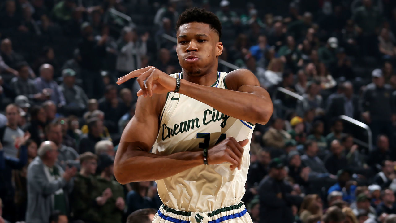 MILWAUKEE, WI - DECEMBER 2: Giannis Antetokounmpo #34 of the Milwaukee Bucks reacts to a play against the New York Knicks on December 2, 2019 at the Fiserv Forum Center in Milwaukee, Wisconsin. Mandatory Copyright Notice: Copyright 2019 NBAE .