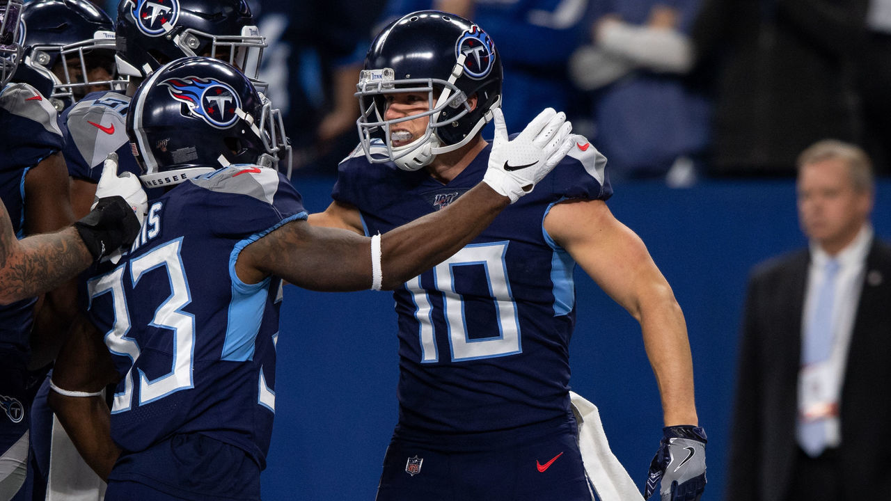 INDIANAPOLIS, IN - DECEMBER 01: Tennessee Titans wide receiver Adam Humphries (10) and Tennessee Titans running back Dion Lewis (33) celebrates touchdown during the NFL game between the Tennessee Titans and the Indianapolis Colts on December 1, 2019 at Lucas Oil Stadium, in Indianapolis, IN.