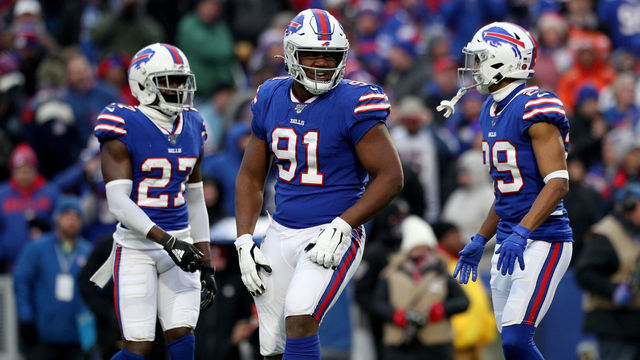ORCHARD PARK, NEW YORK - NOVEMBER 24: Ed Oliver #91 of the Buffalo Bills celebrates after making a sack during the fourth quarter of an NFL game against the Denver Broncos at New Era Field on November 24, 2019 in Orchard Park, New York. Buffalo Bills defeated the Denver Broncos 20-3.