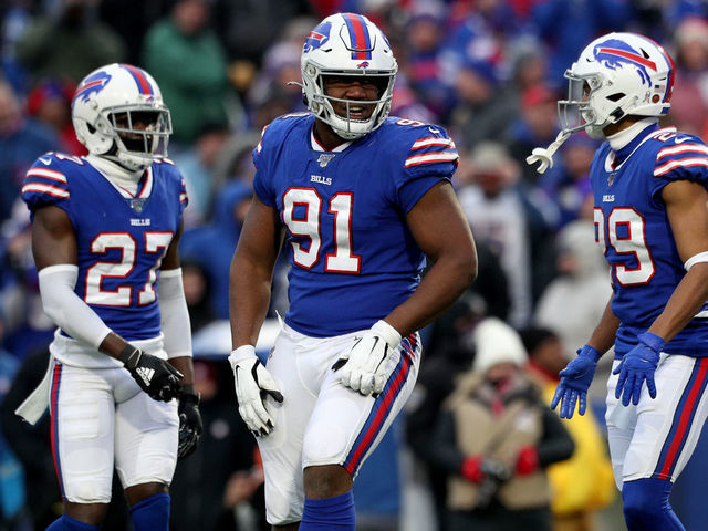 ORCHARD PARK, NEW YORK - NOVEMBER 24: Ed Oliver #91 of the Buffalo Bills celebrates after making a sack during the fourth quarter of an NFL game against the Denver Broncos at New Era Field on November 24, 2019 in Orchard Park, New York. Buffalo Bills defeated the Denver Broncos 20-3.